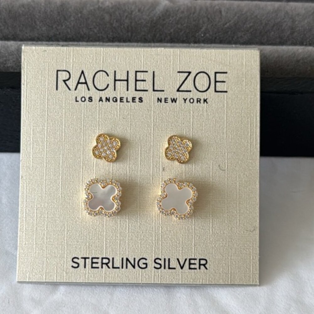 Rachel Zoe Set of 2 Mini earrings Clover Sterling silver 925 Gold Plated - Picture 2 of 13